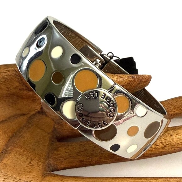 NWT Cookie Lee Silver-Tone Tan Brown Polka Dot Hinged Clamper Bangle Bracelet - Picture 2 of 5